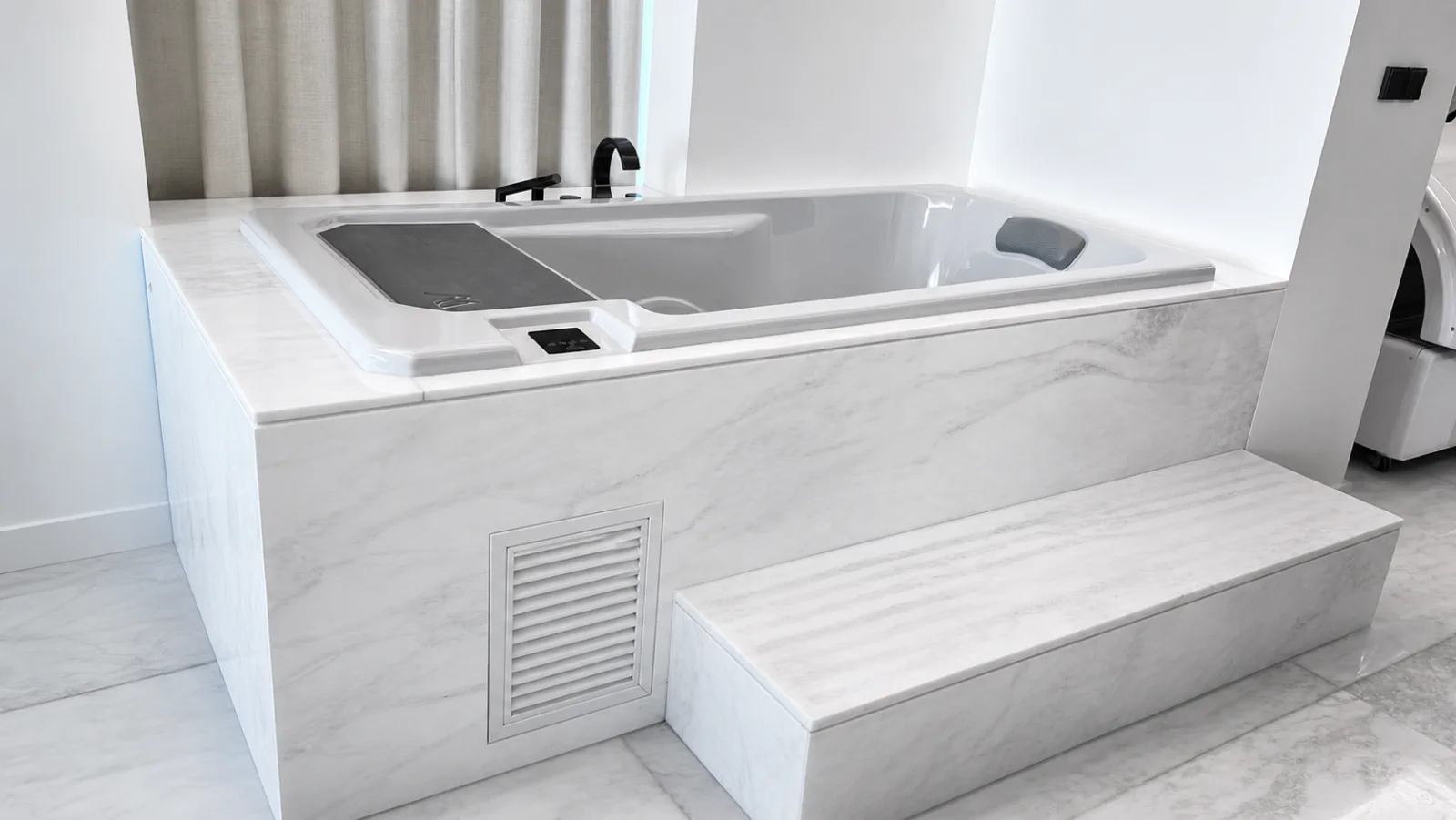 Finished marble cold plunge retrofit with concealed technical access