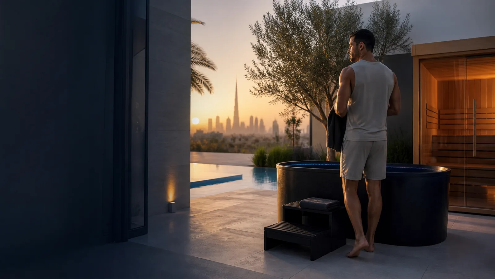 Private cold plunge and sauna at a modern Dubai villa