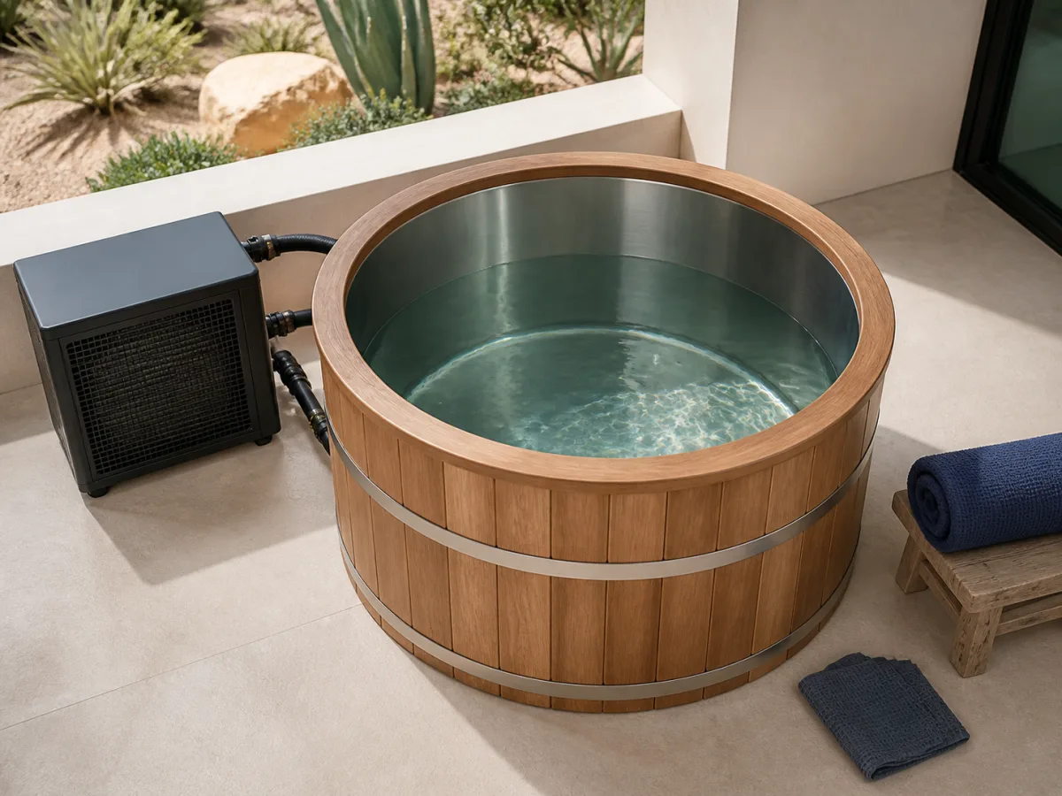 Wooden cold plunge stainless steel interior detail
