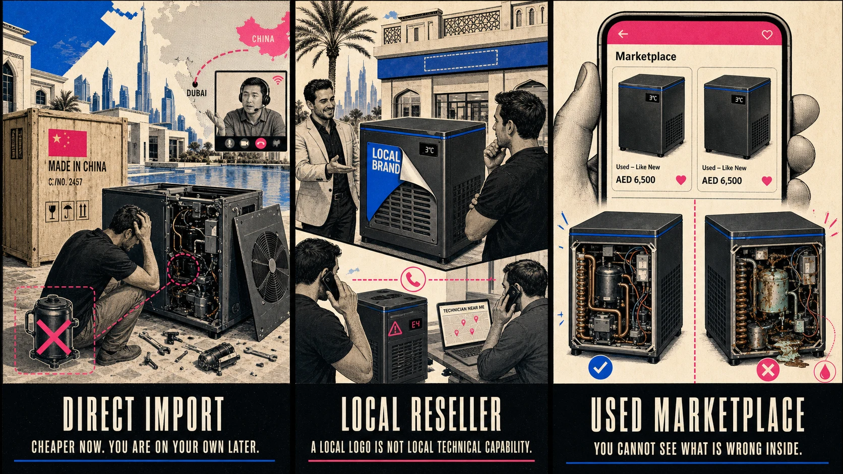 Three buying paths showing the risks of direct imports, local resellers without technical capability and used marketplace equipment