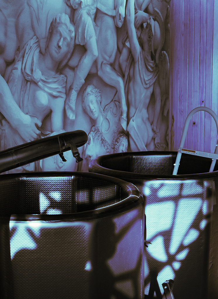 Ice bath tubs in blue-lit room with classical artwork at Euphorium Dubai