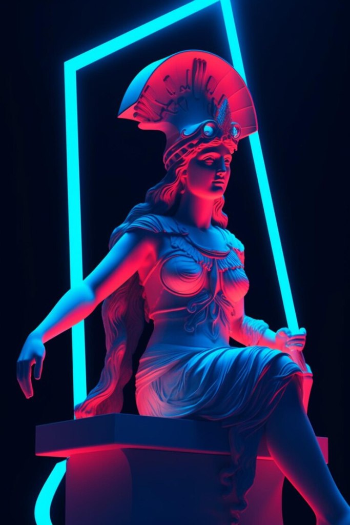 Neon-lit Greek warrior statue - Euphorium Dubai brand identity