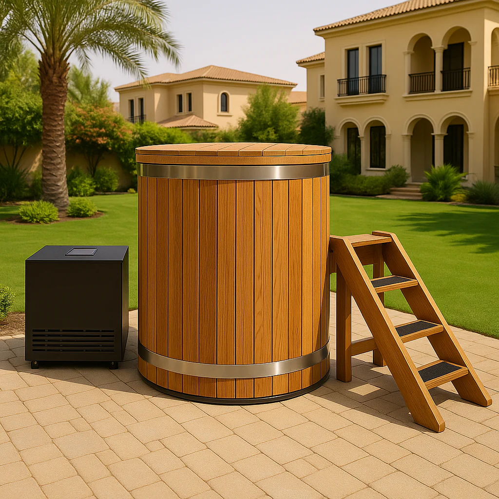 Wooden ice bath barrel with chiller unit - luxury cold plunge rental Dubai