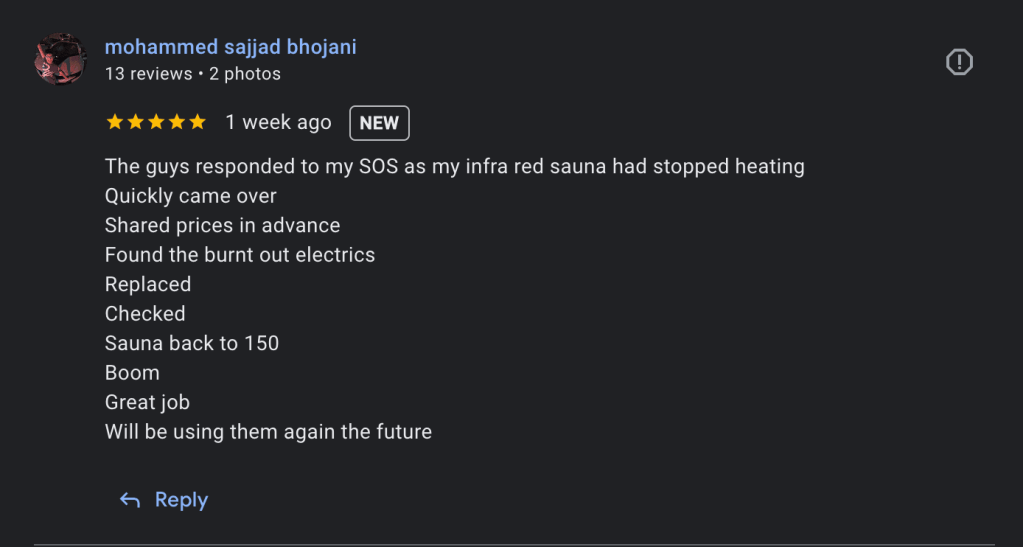Client 5-star review after Euphorium repaired home sauna in Dubai that stopped heating
