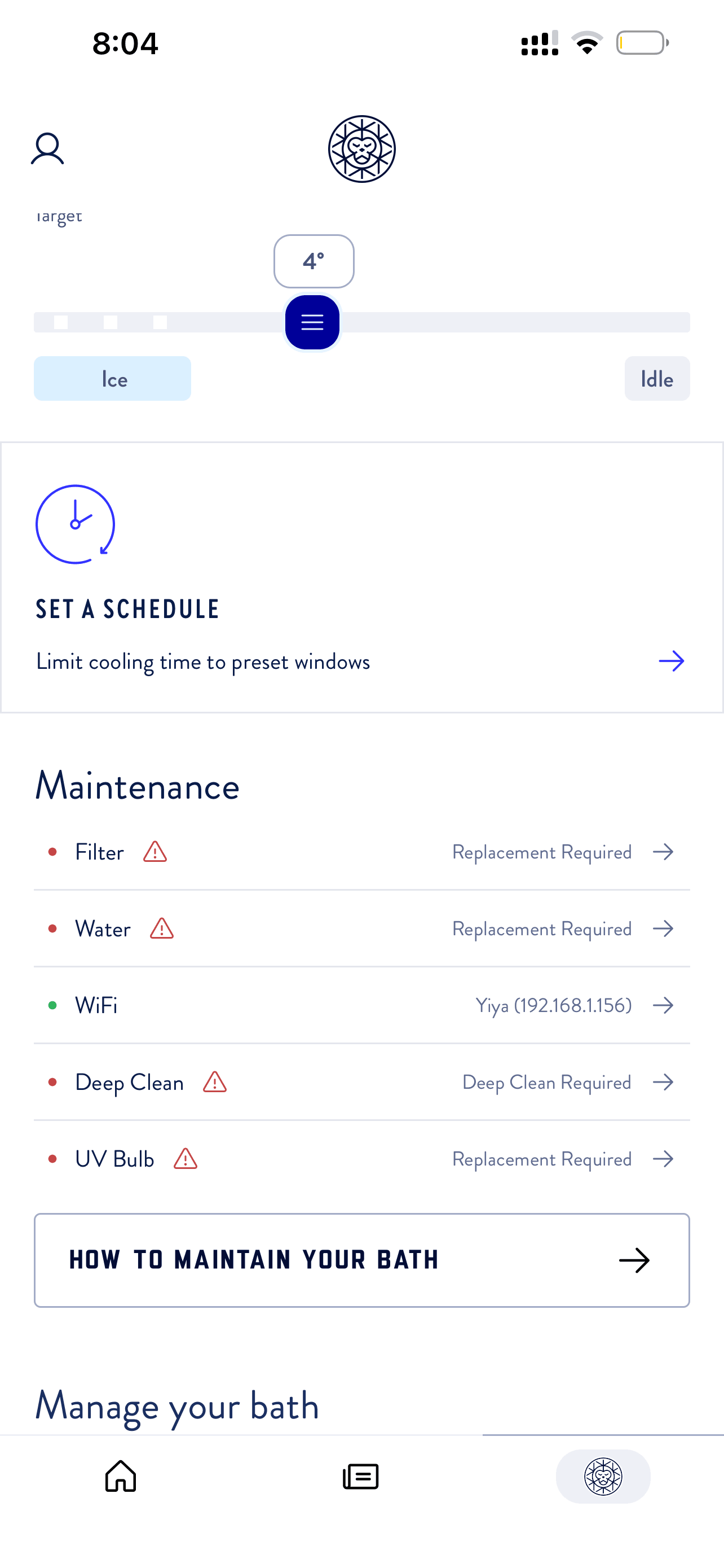 Brass Monkey cold plunge app showing screen idle status, 4 degree target temperature, and multiple maintenance alerts including filter replacement required, water replacement required, deep clean required, and UV bulb replacement required