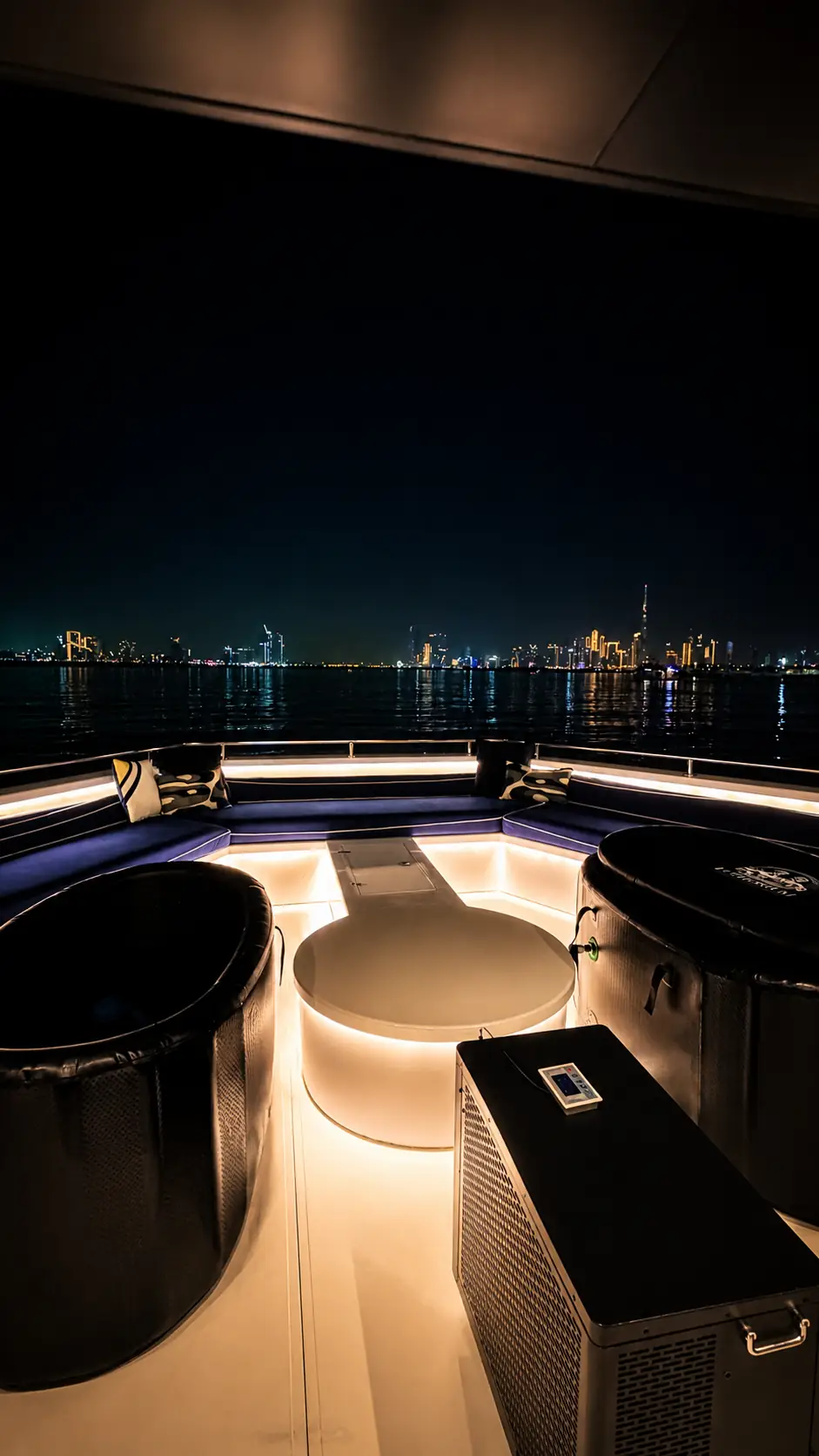 Ice bath installation on Dubai yacht with skyline
