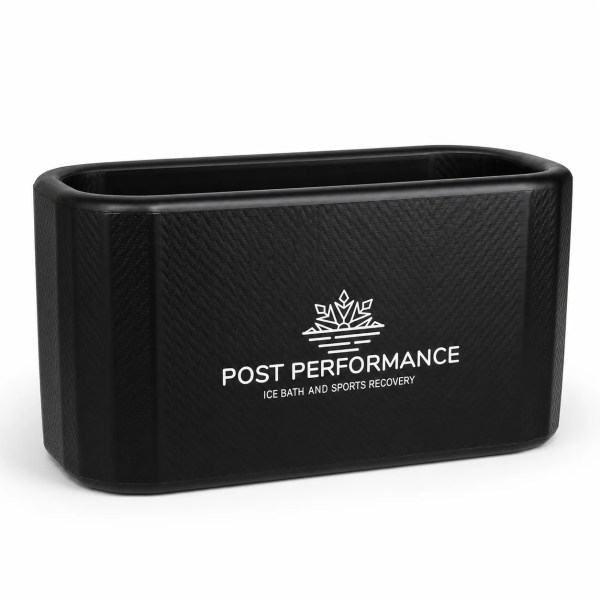 Rigid straight-sided black inflatable ice bath tub on a white background; legacy Post Performance mark visible