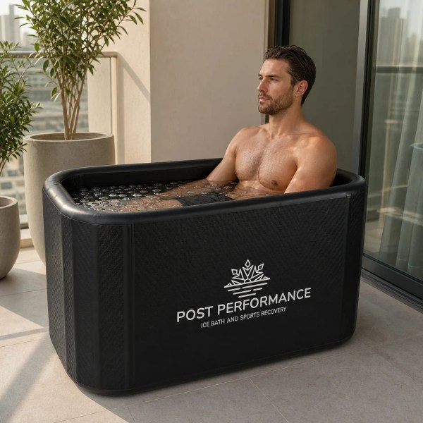 Adult athlete using the black inflatable ice bath tub in a Dubai home setting