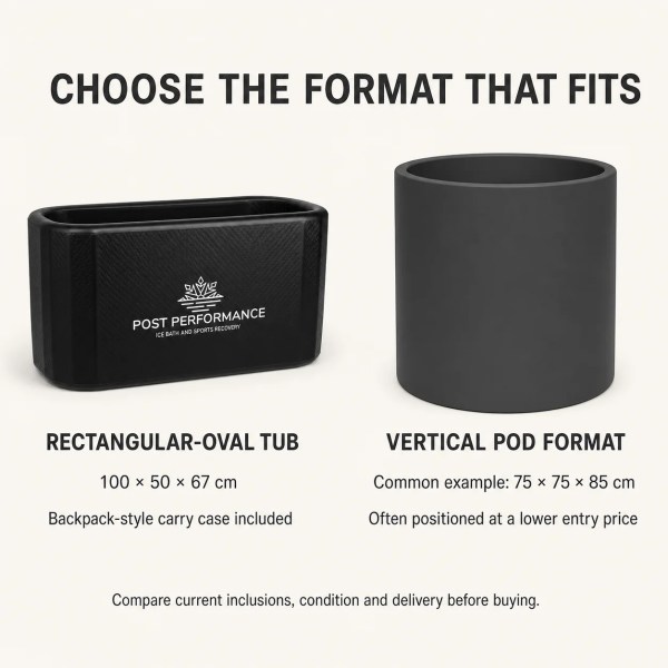 Comparison of rectangular-oval cold plunge tub and vertical pod formats