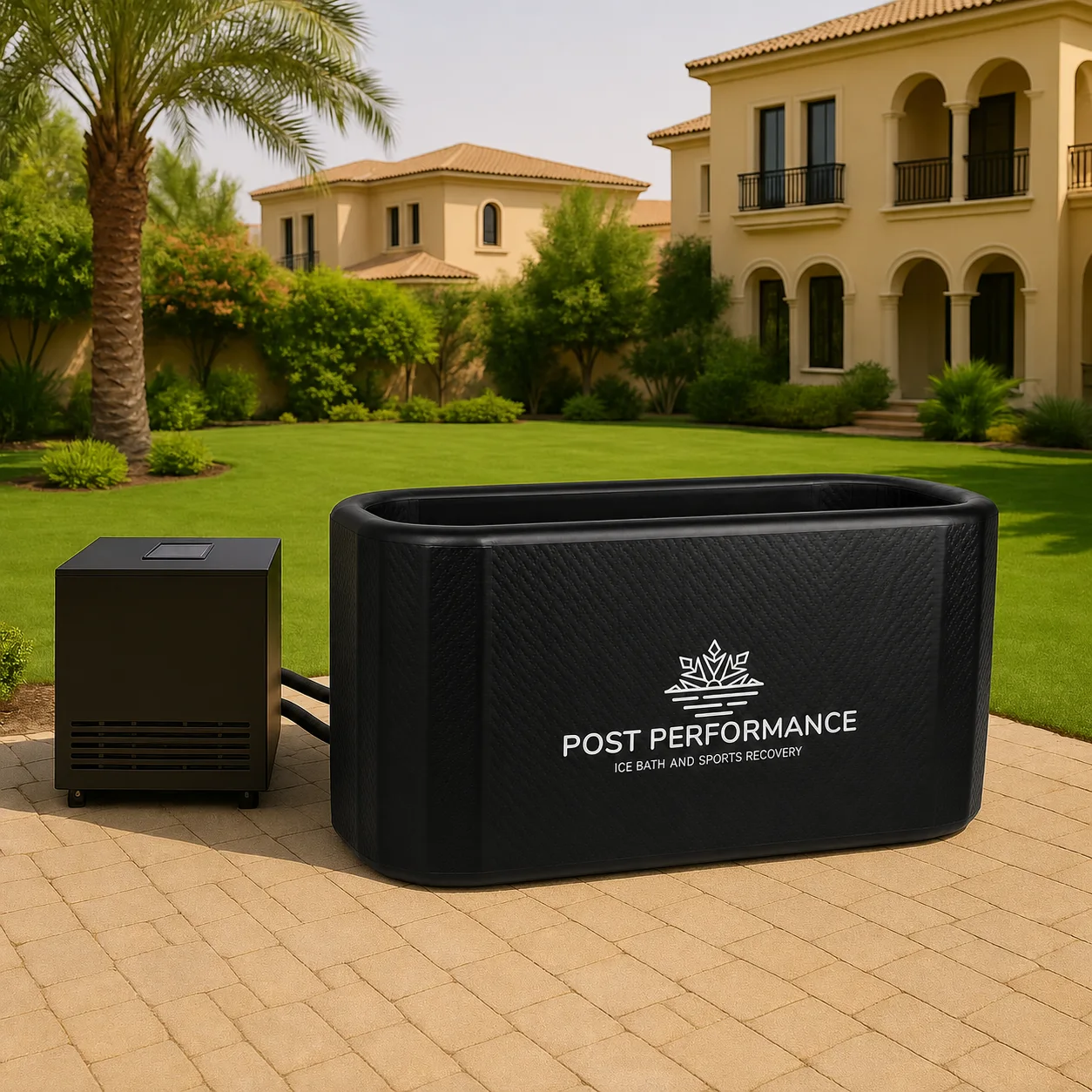 Representative black inflatable cold plunge tub and chiller configuration