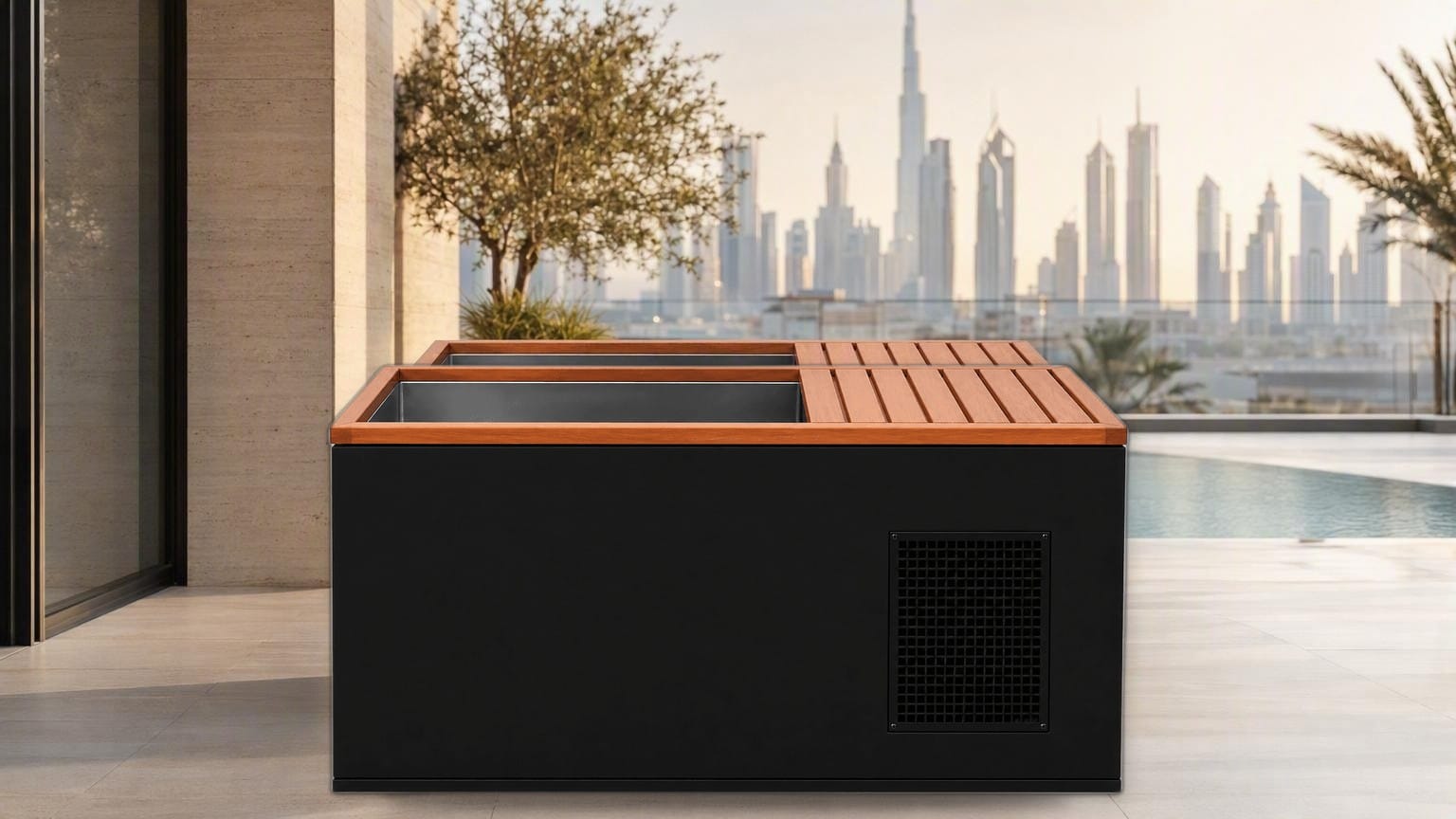 Photorealistic editorial product portrait for the article section 'Custom Cold Plunge Dubai: Design & Build Op